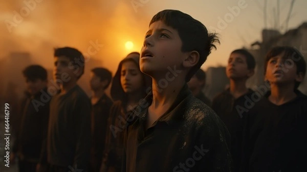 Fototapeta Close-up of children's faces in a destroyed city after an airstrike
