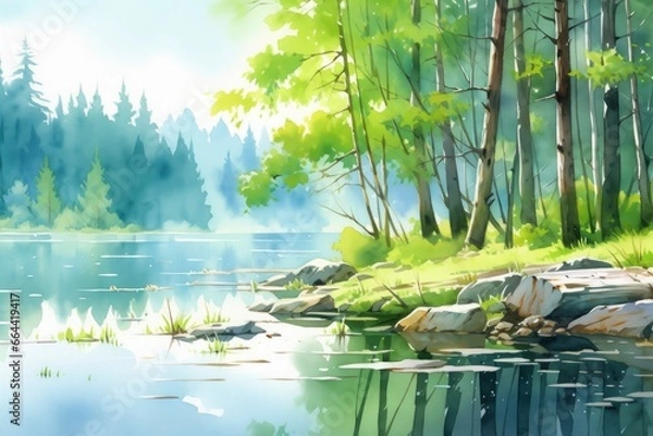 Fototapeta The serenity of a secluded forest lake.
