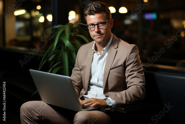 Fototapeta A young Caucasian man in a suit wearing glasses sits on a couch with laptop computer. Positive successful businessman, entrepreneur, small business owner works online. Remote work concept.