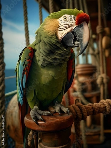 Fototapeta Parrot on the deck of a ship, ancient boat, historical, pirate bird for a pirate event, pirate party, tropical bird