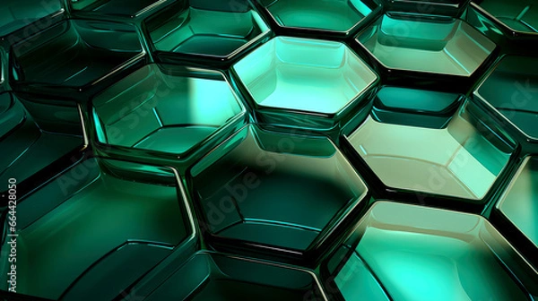 Fototapeta abstract green background with glass hexagons and elements 