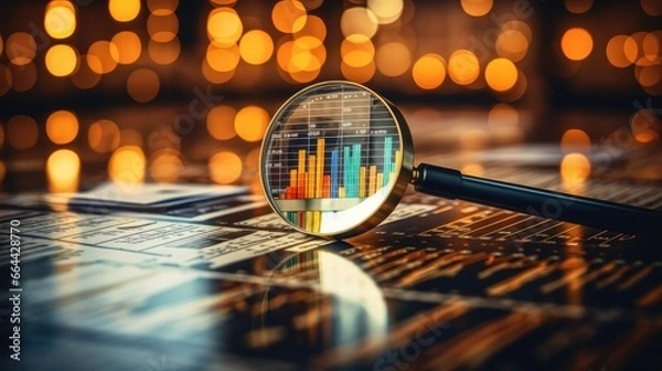 Fototapeta Strategic Business Audit and Financial Management: Analyzing Data for Profitable Growth, Magnifying glass science and technology, Graphs and dashboard