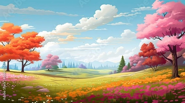 Fototapeta Spring season with colorful flowers and trees in a pretty meadow or field.