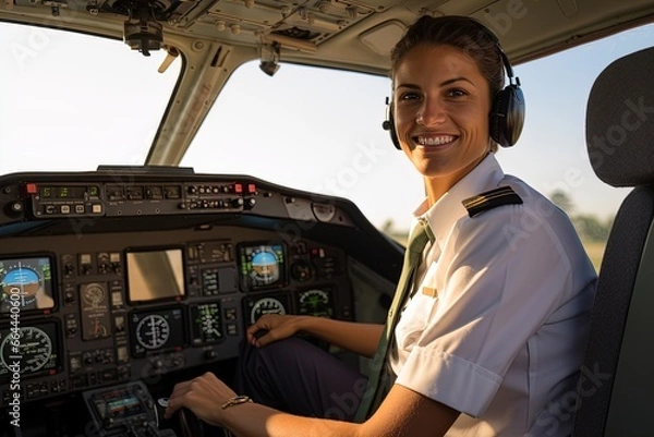 Obraz A uniformed female pilot in the cockpit of  plane. Great for stories on airlines, pilots, travel, careers, women's empowerment and more. 