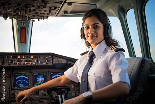 Obraz A uniformed female pilot in the cockpit of  plane. Great for stories on airlines, pilots, travel, careers, women's empowerment and more. 