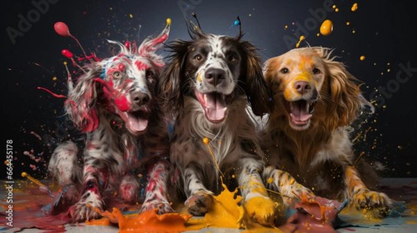 Obraz Dogs playing and smiling with color powder exploding in studio setting