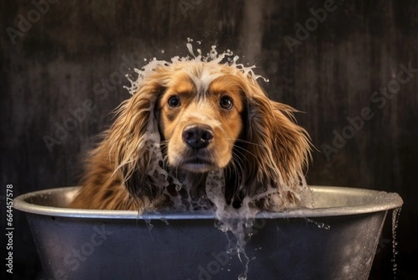 Fototapeta A cute funny domestic dog having a bubble bath. Dog after bath. Grooming concept. Pets care. 