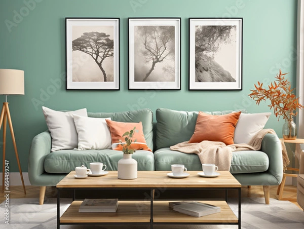 Fototapeta In a farmhouse, a modern living room with a Scandinavian interior design features a rustic coffee table near the sofa against a mint-colored wall adorned with framed posters.