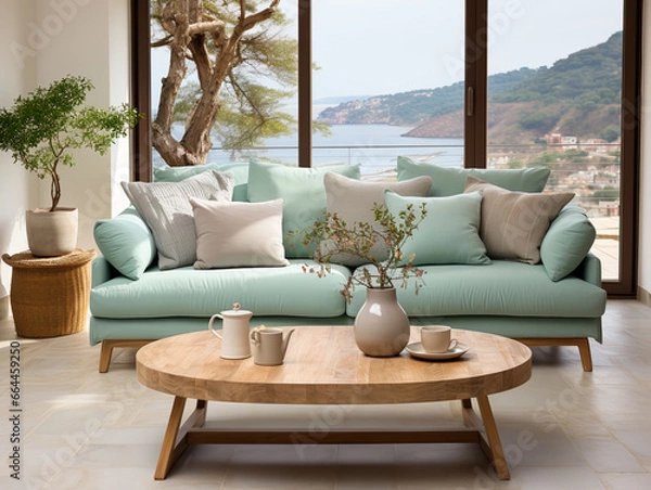Fototapeta In a farmhouse, you'll find a modern living room with a Scandinavian mid-century interior design, featuring a sofa adorned with mint pillows and wooden side tables.