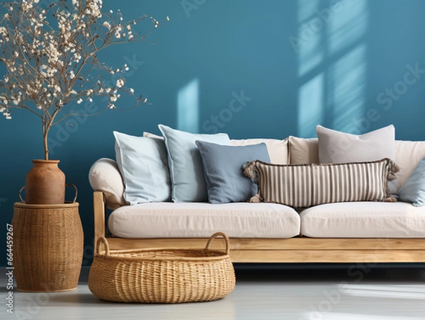 Fototapeta In a farmhouse, a modern living room with Scandinavian interior design features a rustic sofa, wood side table, wicker basket with a houseplant, all against a blue wall with space for text or artwork.