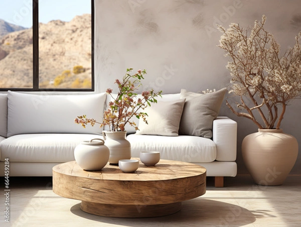 Fototapeta 
In a farmhouse, a modern living room with Scandinavian interior design includes a round accent coffee table near a white sofa against a stucco wall.