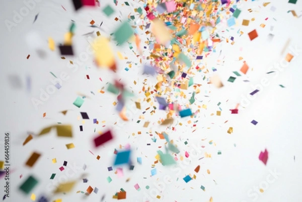 Obraz Festive wallpaper with flying colorful confetti on black background. AI generated