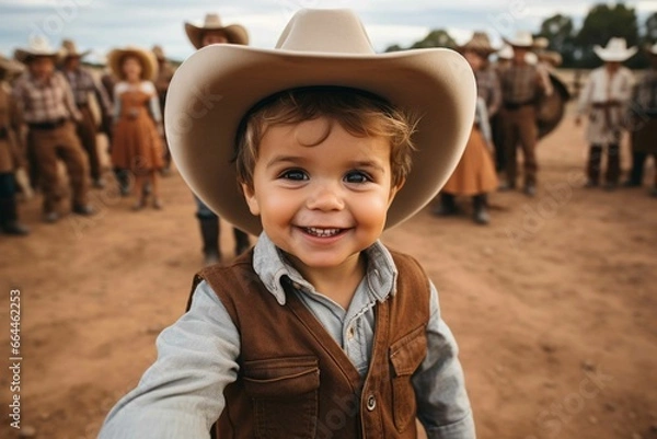 Obraz Selfie of cheerful cowboy boys wearing cute hat smiling and looking at camera