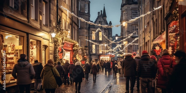 Fototapeta Crowded streets in Christmas decorated with lights