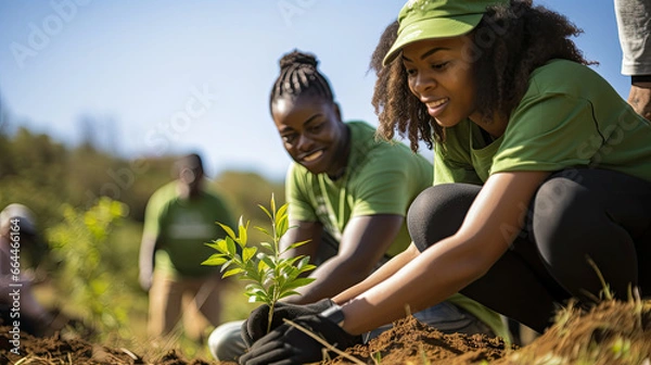Fototapeta passionate activists planting trees in a reforestation project, surrounded by thriving greenery and birdlife