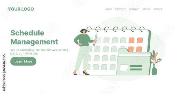 Fototapeta Schedule Management. Web Landing Page Design. Flat Cartoon Vector Illustration.