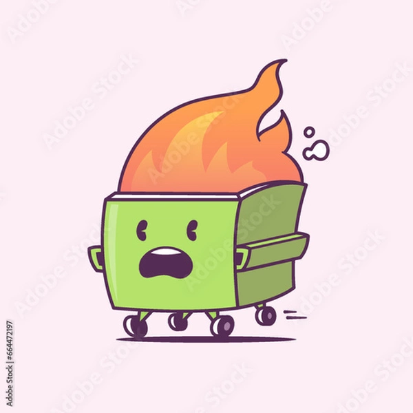 Fototapeta Dumpster on fire. Cartoon kawaii character vector illustration