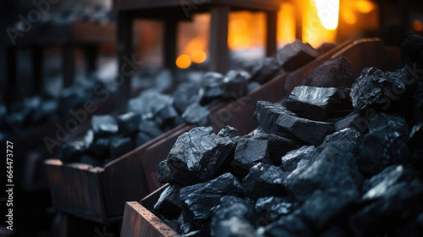 Fototapeta Coal Mining & Production in a Factory - Widely Demanded Resource for Industrial Needs, Electricity, Gas, Fuel, and Cement