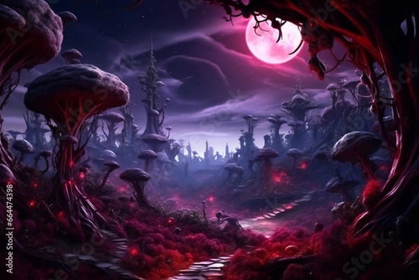 Fototapeta Fabulous trees and plants on an alien planet in twilight