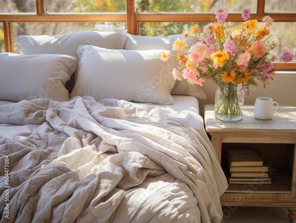 Obraz modern bedroom with French country interior design, you'll find an accent bedside cabinet next to a bed adorned with soft pastel bedding.