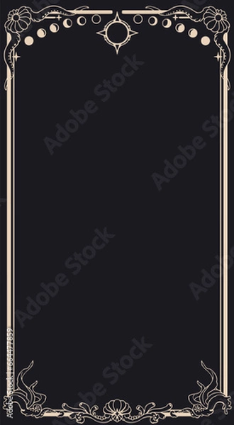 Fototapeta Tarot card with moon and clam. Magic card, boho design, tattoo, engraving, cover for the witch. Golden mystical hand drawing on a black background with stars