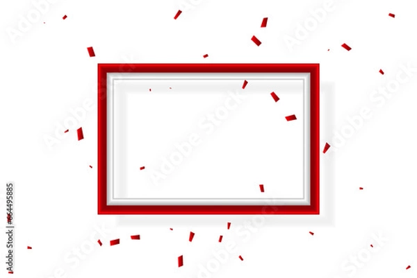 Fototapeta Red Frame And Confetti With Ribbons Falling On White Background. Celebration Event And Birthday. Grand Opening. Vector