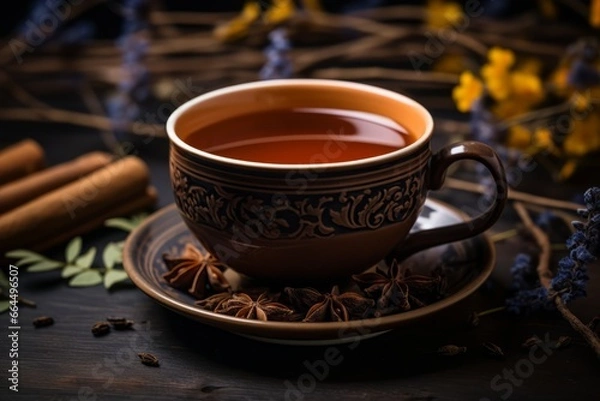Fototapeta A comforting cup of licorice blend tea, gently steaming in a delicate china cup, surrounded by a scattering of loose tea leaves and licorice root