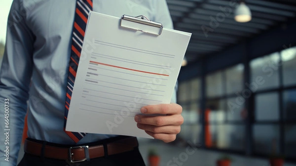 Fototapeta Manager Holding a Document on Clipboard - Reviewing and Organizing Notes for Inspection, Productivity, and Task Management