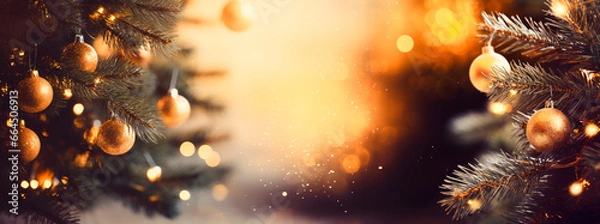 Fototapeta Festive winter christmas festive background with christmas tree christmas ornaments and background with blurred bokeh