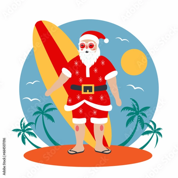 Fototapeta Santa Claus with a surfboard in summer on a tropical beach on vacation. Celebrates New Year and Christmas in warm climates. Postcard as a gift.