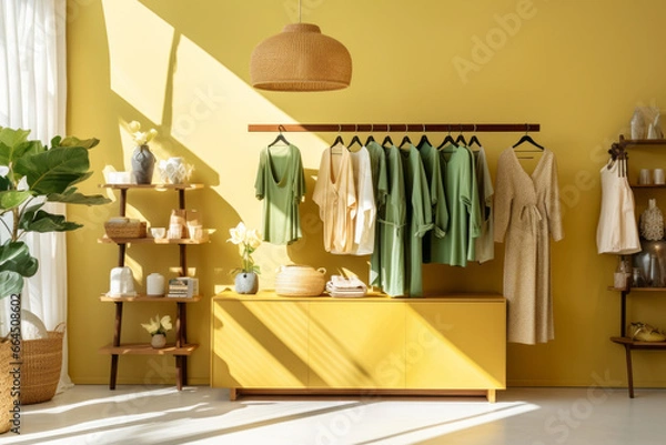 Fototapeta Interior of a cozy bright boutique of women's clothing and accessories. Beautiful women's wardrobe. Collection of summer dresses hanging on a rack in the showroom. Beauty and fashion industry.