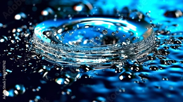 Fototapeta Abstract background with splashes, splashes and bubbles on the water surface with blue sky reflection.