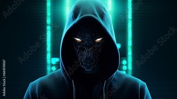 Obraz Binary Intrigue. Anonymous robotic hacker. Concept of hacking.