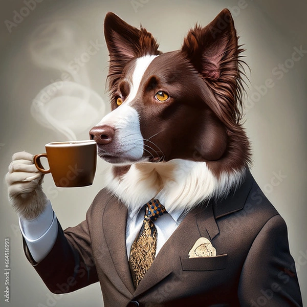 Fototapeta border collie dog in a suit drinking coffee 