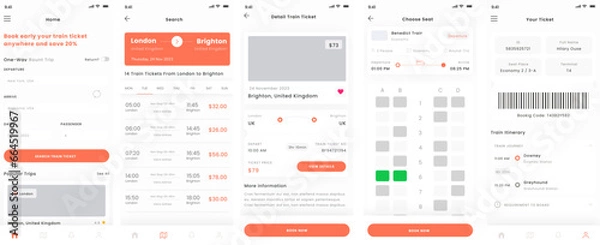 Fototapeta Train Ticket, Railway Travel Booking and Search Trips Mobile App UI Kit Template