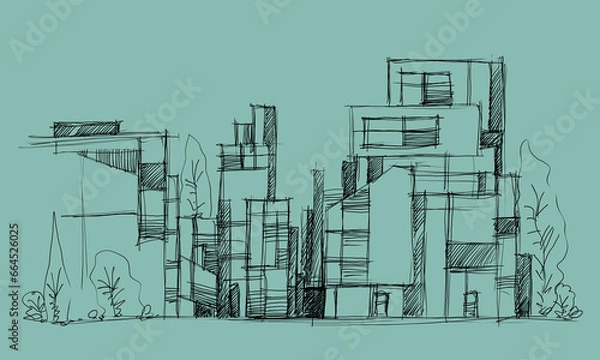 Fototapeta Architecture sketch of building,  hand drawn architectectural sketch