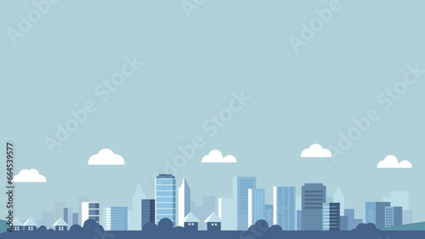 Fototapeta Vector urban building skyline bakground illustration with clouds and building and house