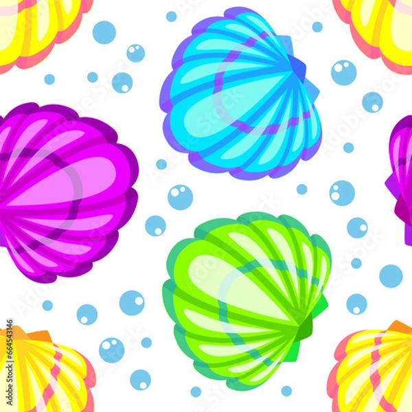 Obraz Colorful seashell and bubbles cartoon seamelss pattern. Vector illustration