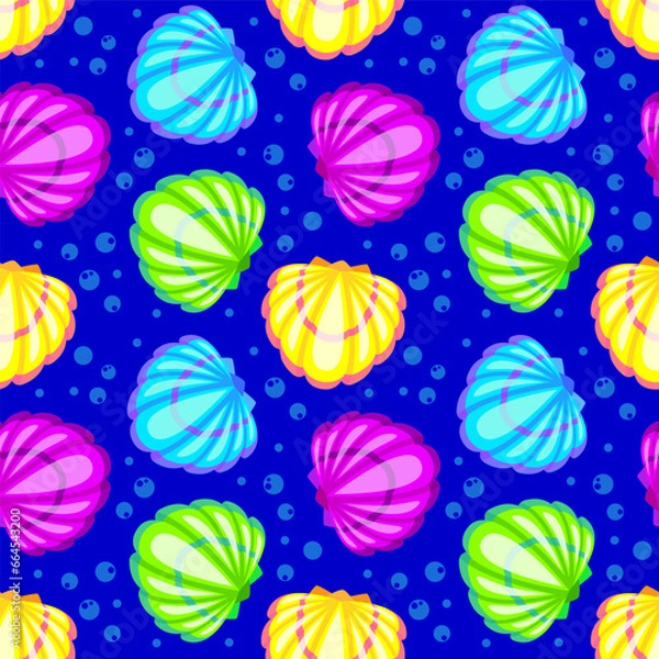 Obraz Colorful seashell and bubbles cartoon seamelss pattern. Vector illustration