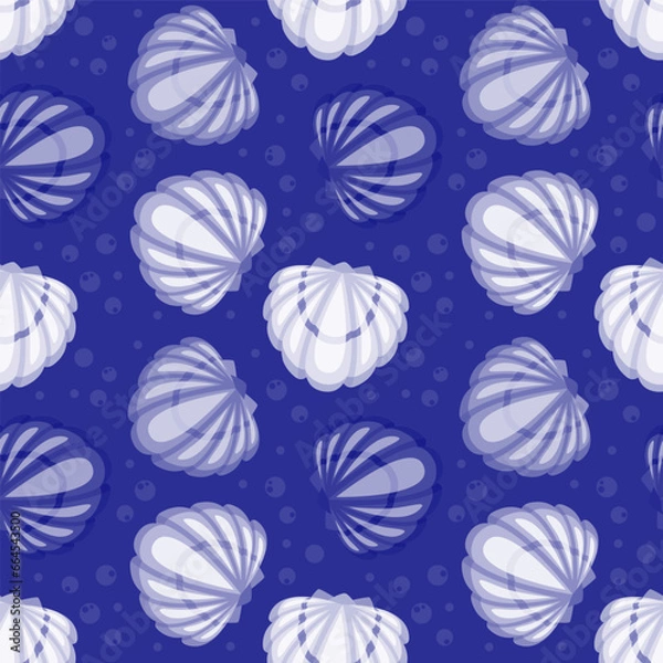 Obraz Colorful seashell and bubbles cartoon seamelss pattern. Vector illustration