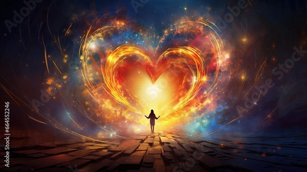 Obraz Woman reaching out to a glowing heart made of light and energy. Symbol of love and kindness in the sky. Colorful artistic background.