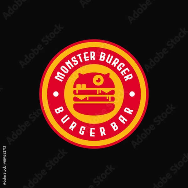 Obraz vintage retro classic monster and ham beef cheese patty burger with stamp label emblem badge sticker rounded circle protection suitable for burger bar fast food restaurant cafe bistro logo design