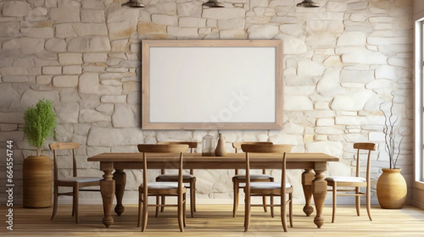 Fototapeta Weathered Oak Table, Spindle Chairs on Flagstone Floor, Mock Up Poster on Stucco Wall. Rustic Country-Style Dining Room.
