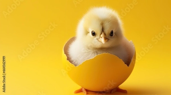 Fototapeta Adorable Easter Chick in a Yellow Eggshell