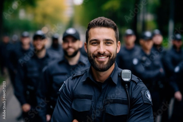 Obraz Police officer smiling with his team in the background