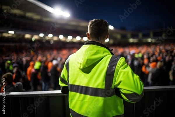 Obraz A security personnel wearing a high-visibility neon green jacket stands overseeing a full stadium during a soccer match