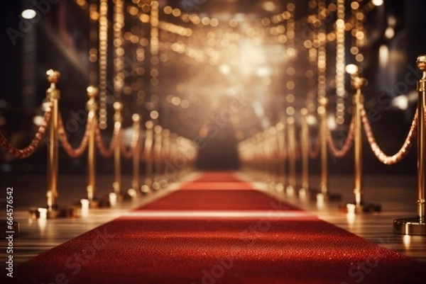 Fototapeta Glowing background with Red carpet on a stage, event red carpet  and soffit lights