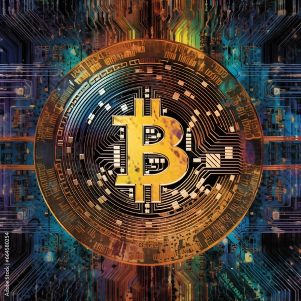 Obraz The image represents Bitcoin, a decentralized digital cryptocurrency operating on a blockchain network, allowing peer-to-peer transactions globally without the need for intermediaries.