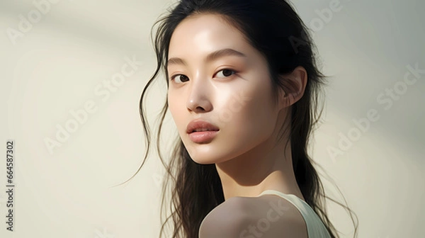 Obraz Portrait of beautiful young Asian girl with serious countenance looking at camera. Illustration