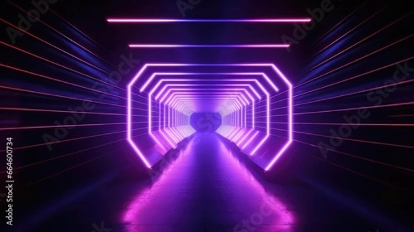 Fototapeta 3d render Geometric figure in neon light against a dark tunnel Laser glow 